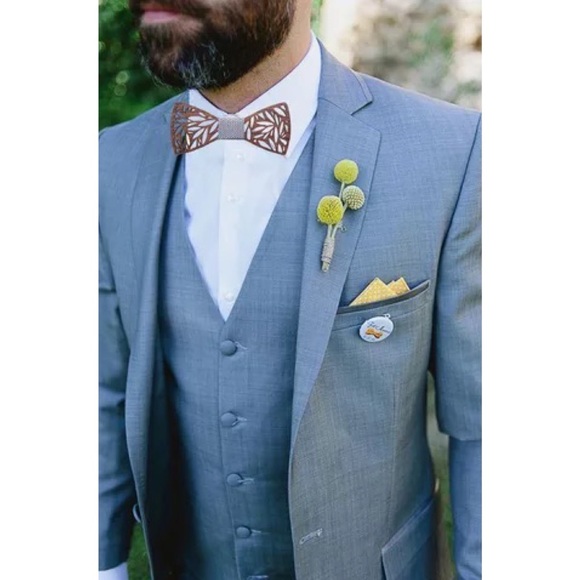 Handmade Wood Butterfly Bow Tie Cufflinks Blue Pocket Square & Boutonnière Set - Picture 2 of 16